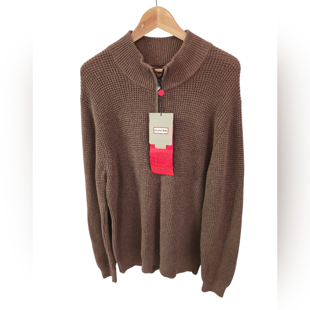 NWT HUNTER Men's Knit Quarter Zip Sweater Rib Trim Brown Size Large